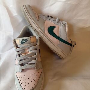 Nike Kids' Pink and Gray Sneakers with Green Swoosh